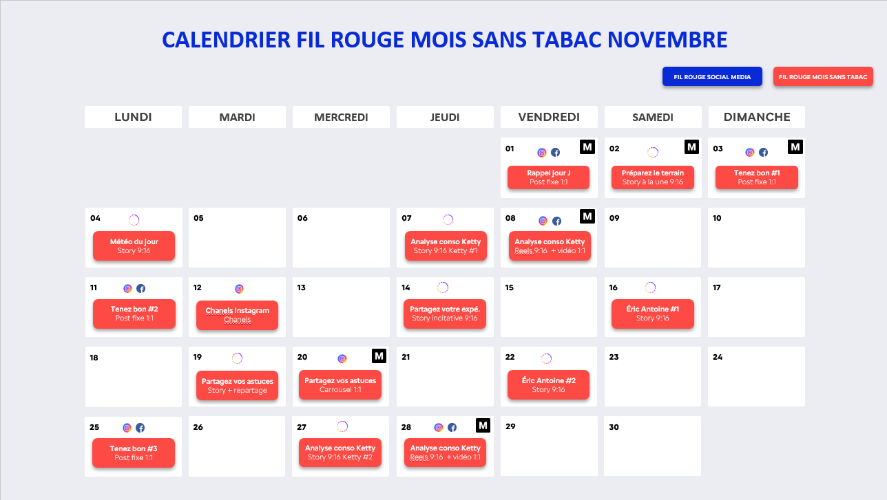 Calendrier des publication sur les réseaux sociaux pour le mois de novembre